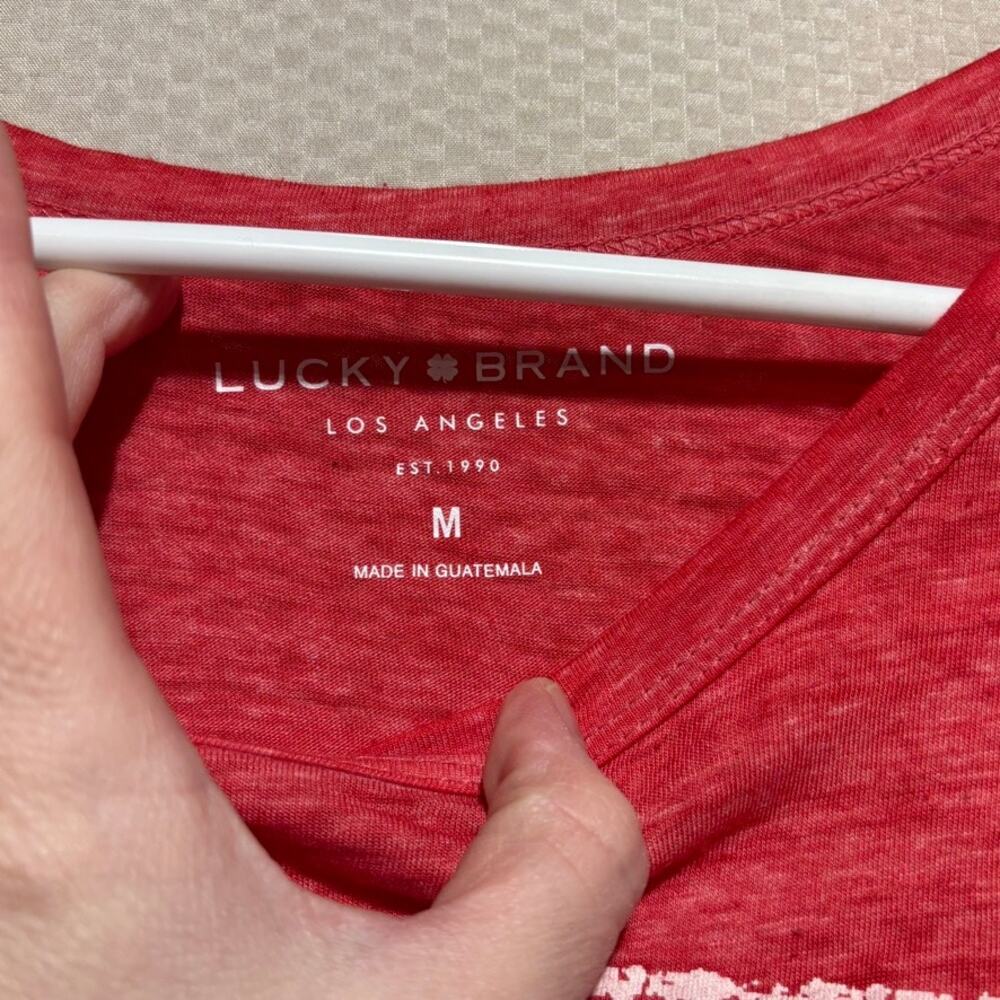 Lucky Brand Red White Boho Print Boxy Size Medium Block Print Floral Border Top - Picture 3 of 9